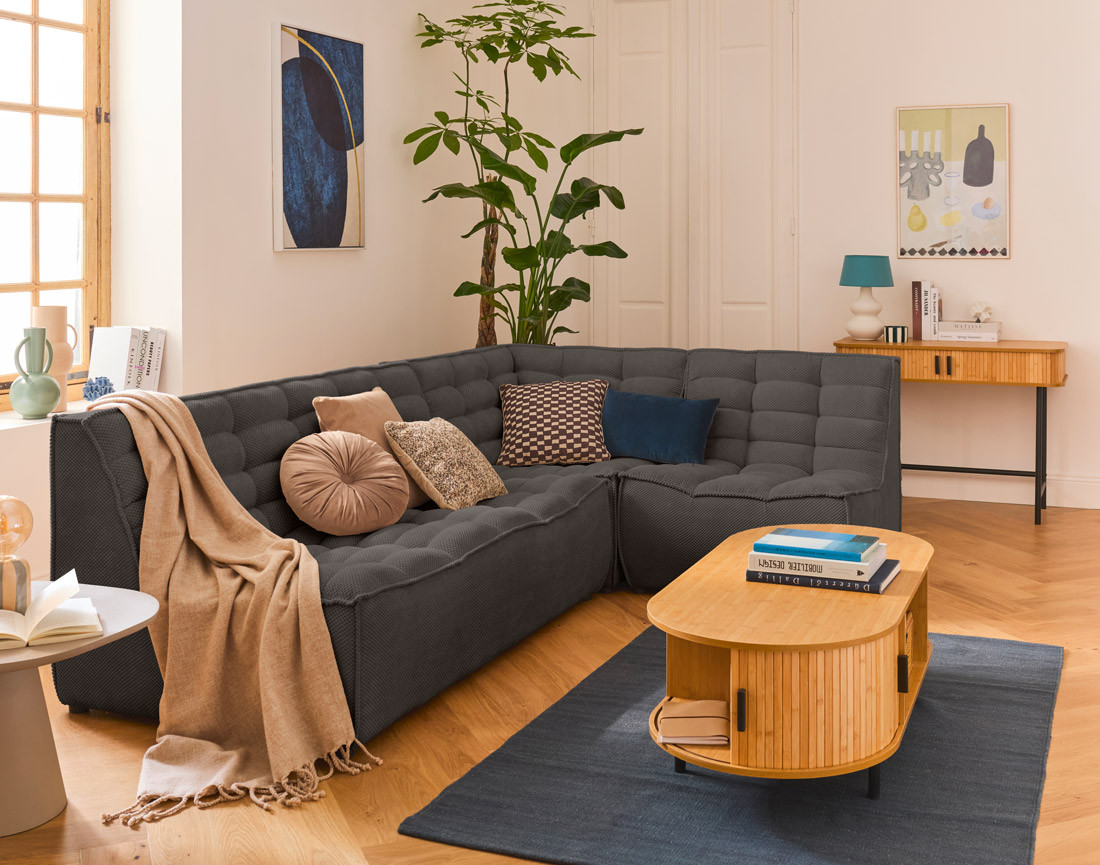 Canapé modulable d'angle réversible 4 places en velours texturé Ellie