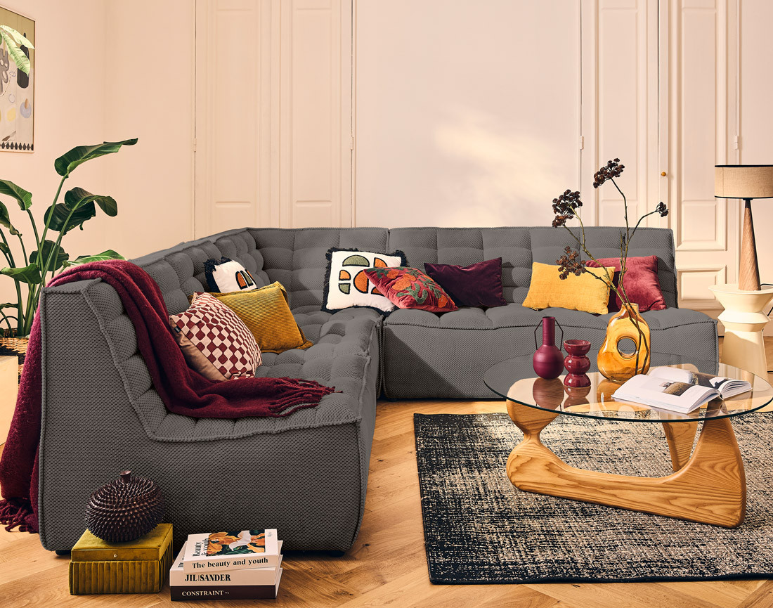 Canapé modulable d'angle réversible 5 places en velours texturé Ellie