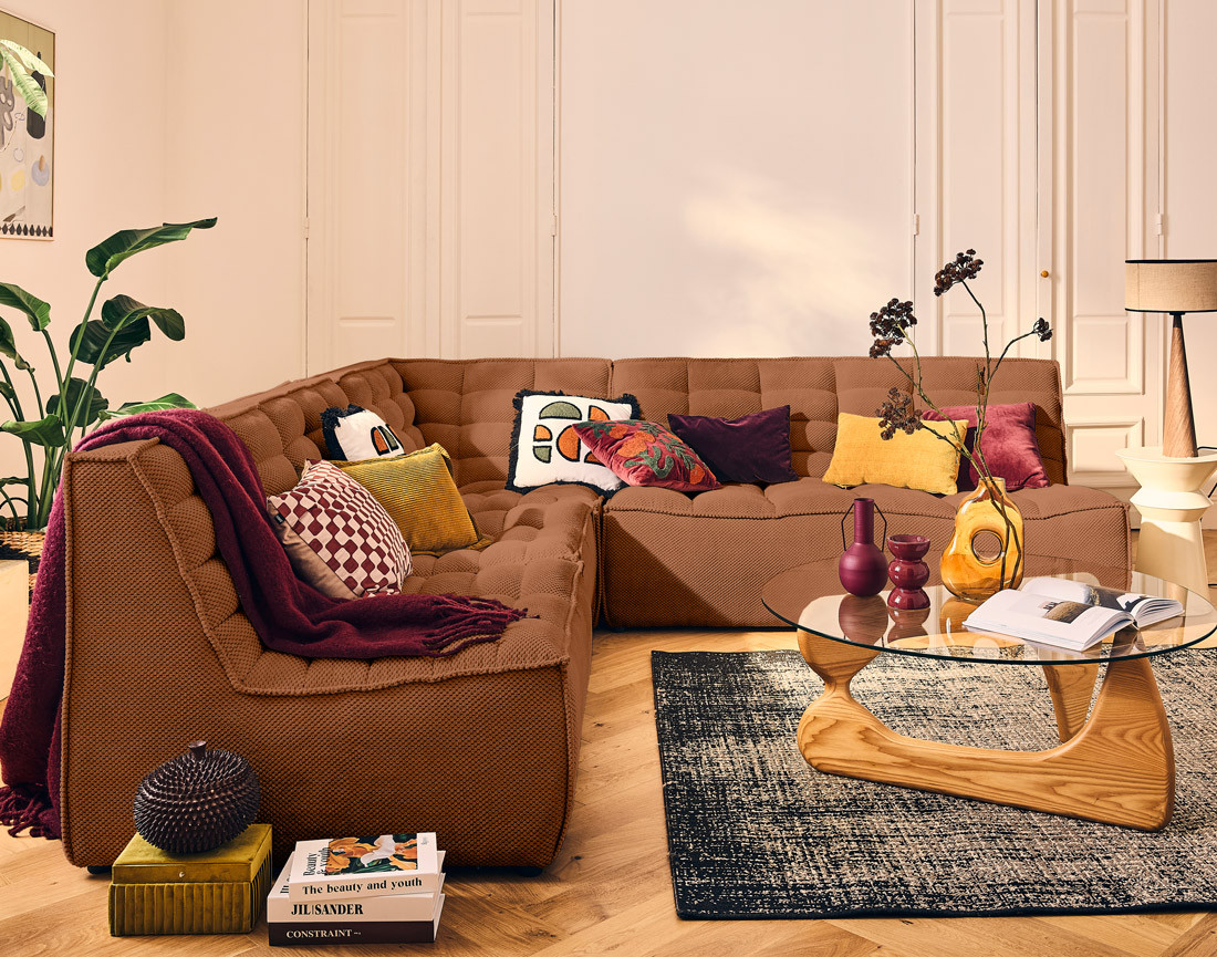 Canapé modulable d'angle réversible 5 places en velours texturé Ellie