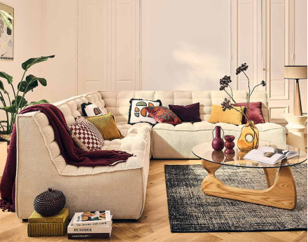 Canapé modulable d'angle réversible 5 places en velours texturé Ellie