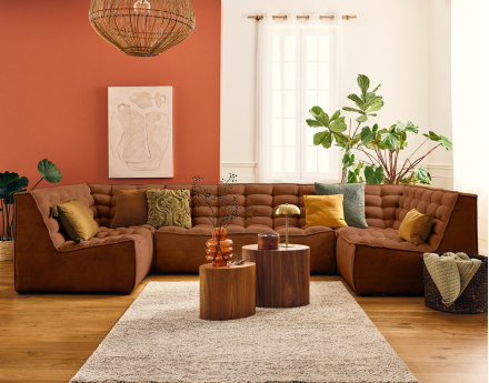 Canapé modulable panoramique 7 places en velours texturé Ellie