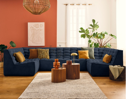 Canapé modulable panoramique 7 places en velours texturé Ellie