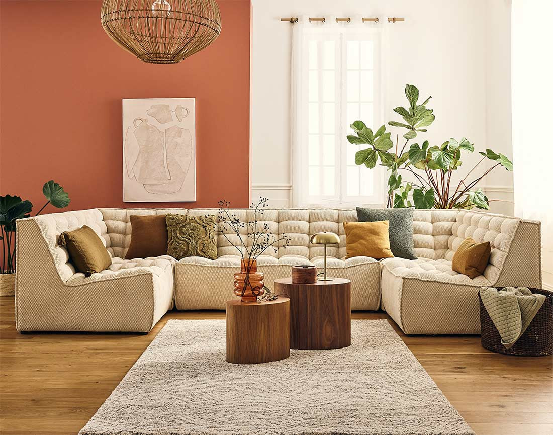 Canapé modulable panoramique 7 places en velours texturé Ellie