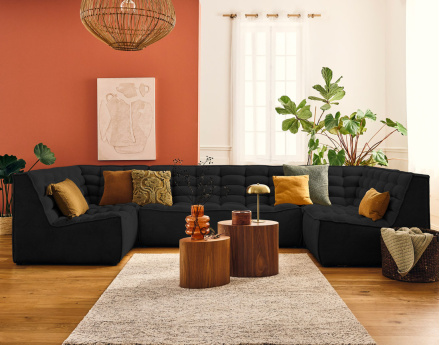 Canapé modulable panoramique 7 places en velours texturé Ellie