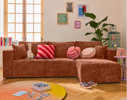 Canapé d'angle réversible 4 places convertible avec coffre en velours à relief texturé Topaze