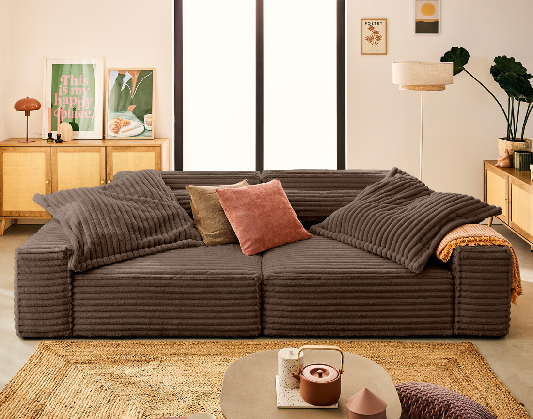 Canapé droit 3 places avec double méridienne en fausse fourrure côtelée Richie