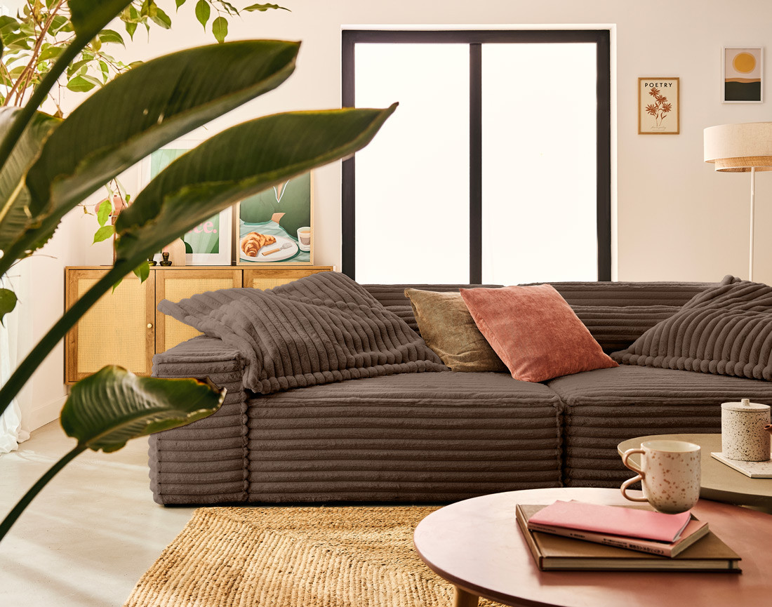 Canapé droit 3 places avec double méridienne en fausse fourrure côtelée Richie