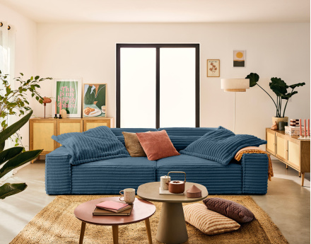 Canapé droit 3 places avec double méridienne en fausse fourrure côtelée Richie