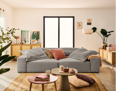 Canapé droit 3 places avec double méridienne en fausse fourrure côtelée Richie