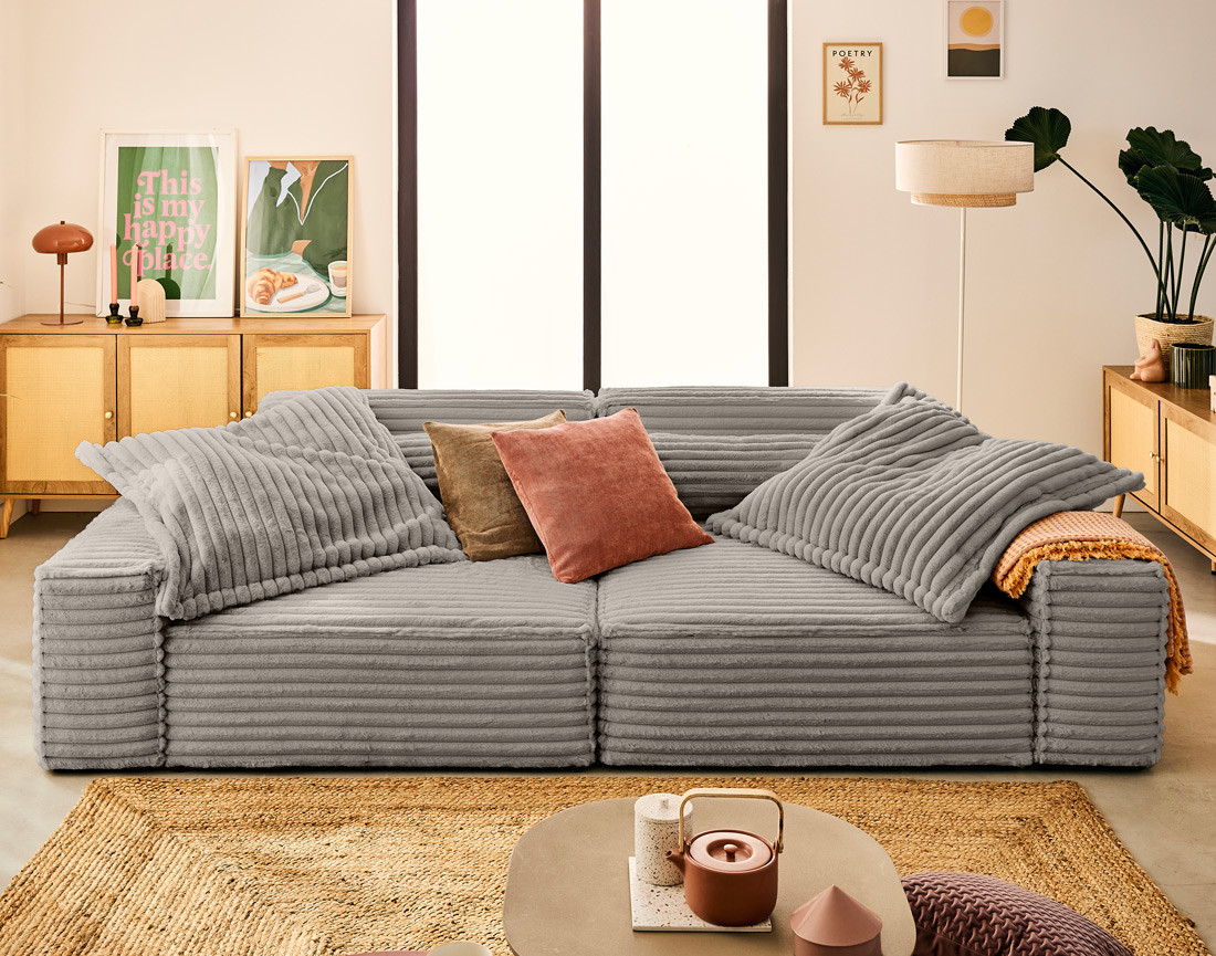 Canapé droit 3 places avec double méridienne en fausse fourrure côtelée Richie