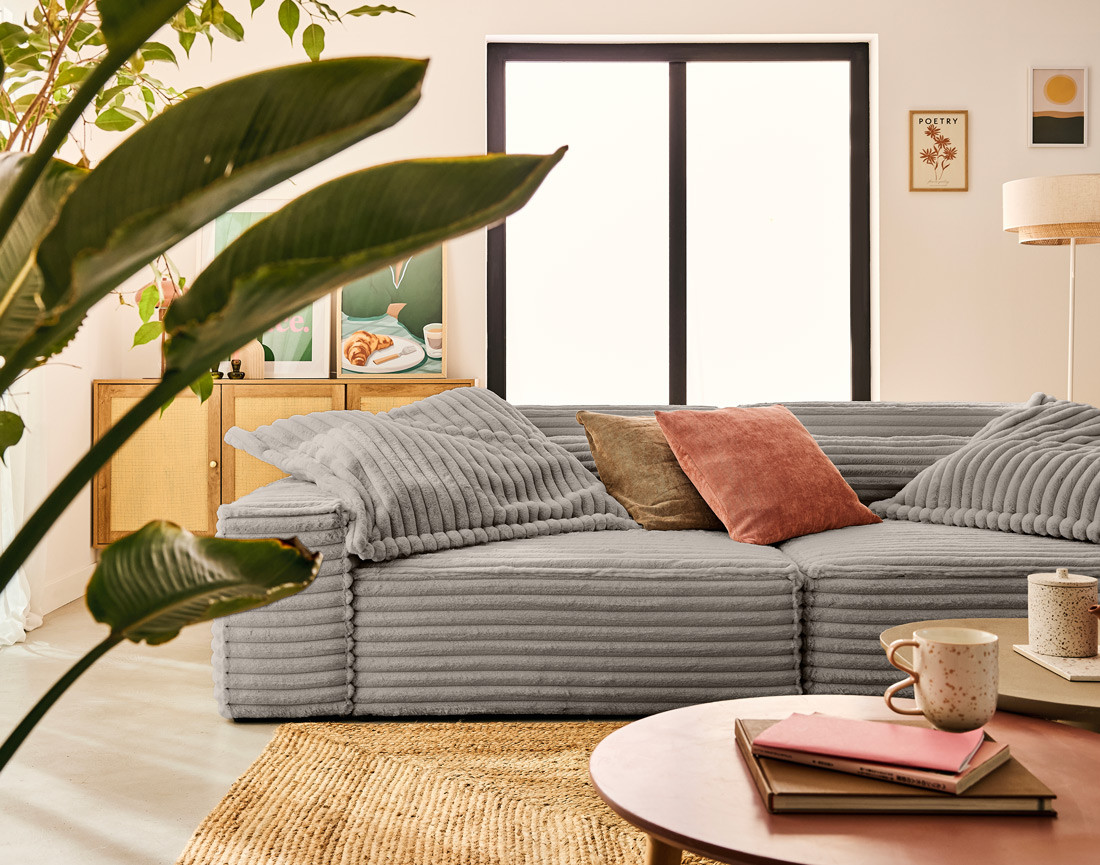 Canapé droit 3 places avec double méridienne en fausse fourrure côtelée Richie