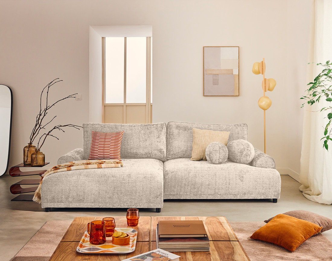 Canapé d'angle gauche 4 places convertible avec coffre en velours texturé Nelly