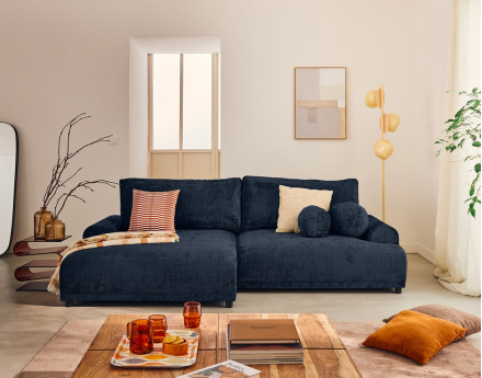 Canapé d'angle gauche 4 places convertible avec coffre en velours texturé Nelly