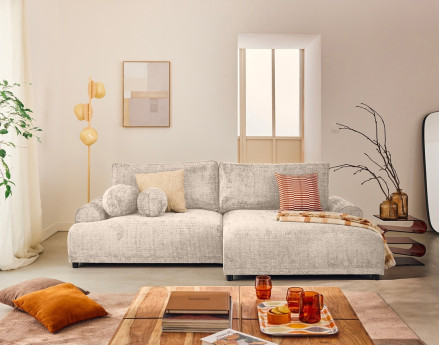 Canapé d'angle droit 4 places convertible avec coffre en velours texturé Nelly