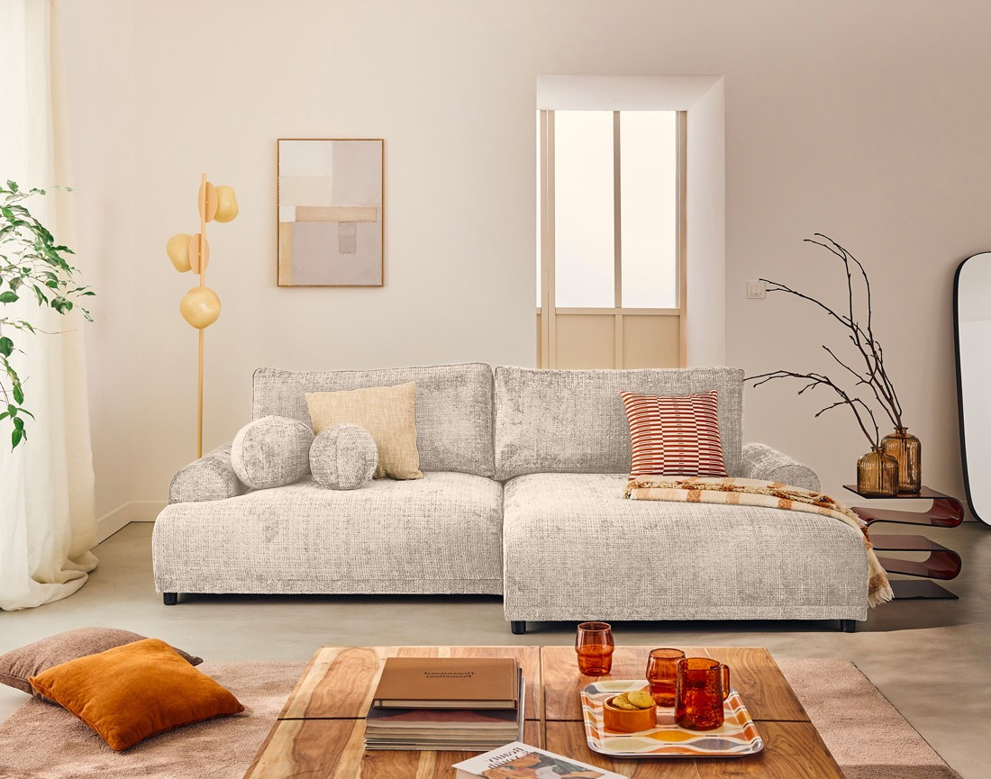 Canapé d'angle droit 4 places convertible avec coffre en velours texturé Nelly