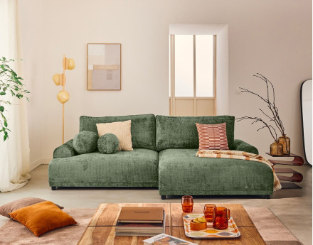 Canapé d'angle droit 4 places convertible avec coffre en velours texturé Nelly