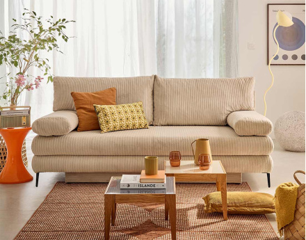 Canapé droit 3 places convertible avec coffre en velours côtelé Elton