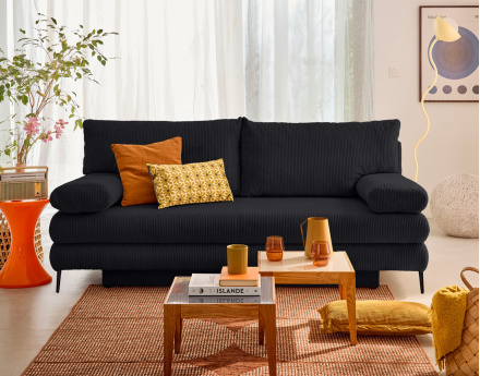 Canapé droit 3 places convertible avec coffre en velours côtelé Elton