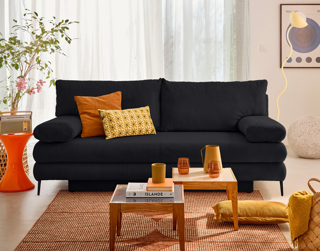 Canapé droit 3 places convertible avec coffre en velours côtelé Elton