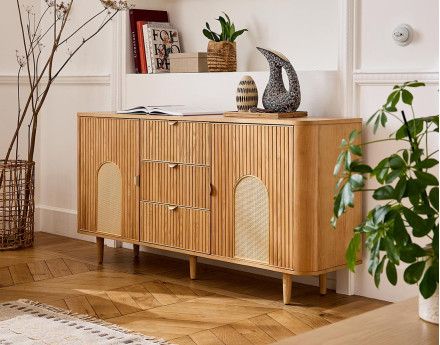 Buffet bas bois plaqué chêne et cannage 3 tiroirs et 2 portes 160 cm Milazzo