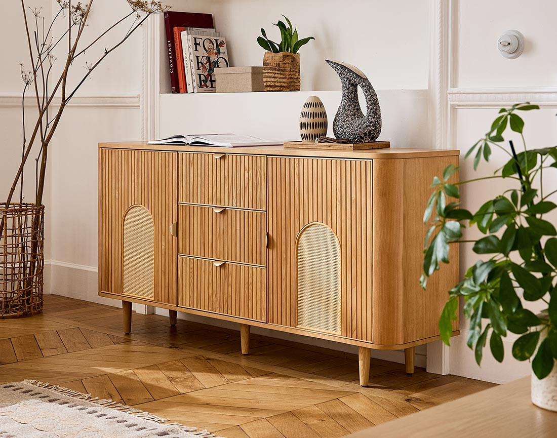 Buffet bas bois plaqué chêne et cannage 3 tiroirs et 2 portes 160 cm Milazzo