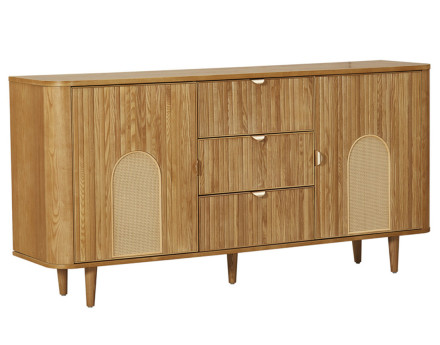 Buffet bas bois plaqué chêne et cannage 3 tiroirs et 2 portes 160 cm Milazzo
