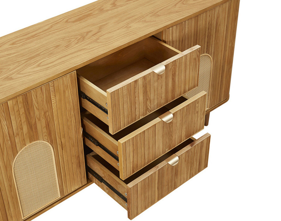 Buffet bas bois plaqué chêne et cannage 3 tiroirs et 2 portes 160 cm Milazzo