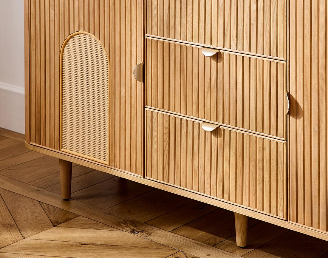 Buffet bas bois plaqué chêne et cannage 3 tiroirs et 2 portes 160 cm Milazzo