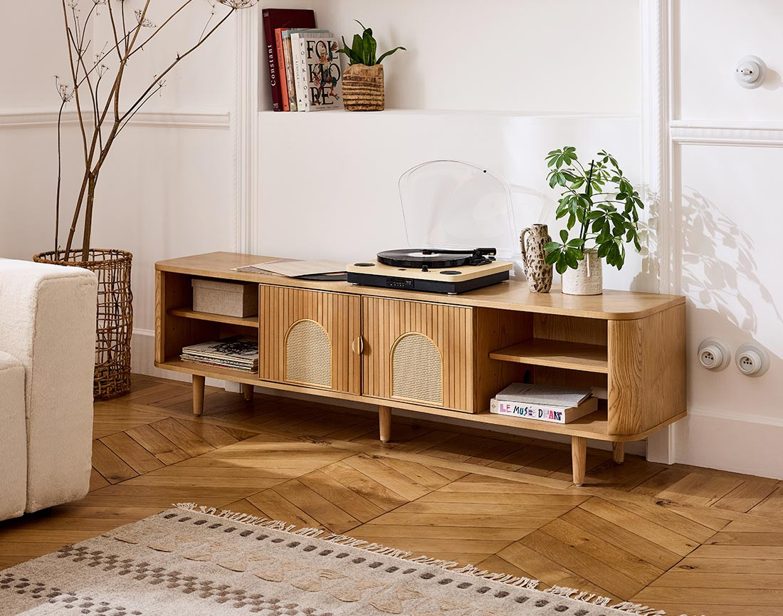 Meuble TV bois plaqué chêne et cannage 4 niches et 2 portes 180 cm Milazzo