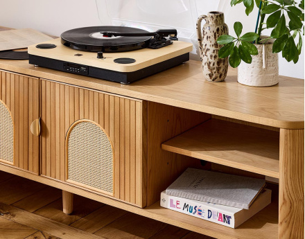 Meuble TV bois plaqué chêne et cannage 4 niches et 2 portes 180 cm Milazzo