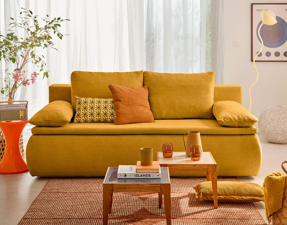 Canapé 3 places convertible avec coffre en velours texturé Kurt