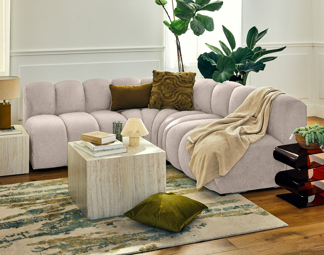 Canapé modulable d'angle réversible 4 places sans accoudoirs en tissu texturé Debbie