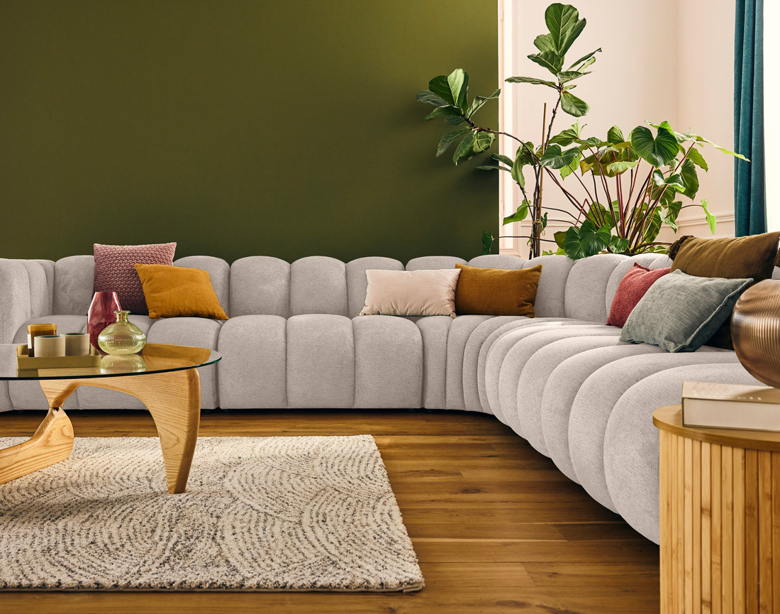 Canapé modulable d'angle droit 5 places en tissu texturé Debbie