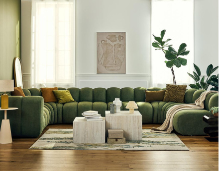 Canapé modulable panoramique d'angle droit 7 places en tissu texturé Debbie