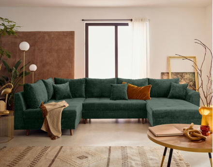 Canapé panoramique d'angle gauche 7 places en velours texturé Rune