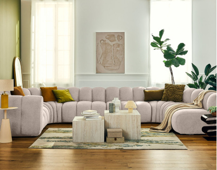 Canapé modulable panoramique d'angle droit 7 places en tissu texturé Debbie