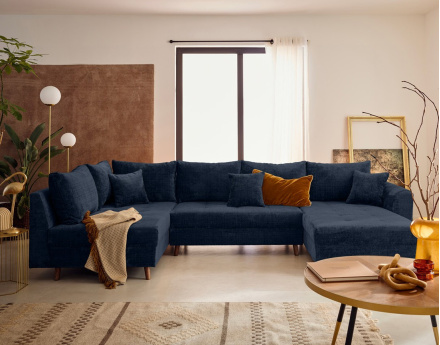 Canapé panoramique d'angle gauche 7 places en velours texturé Rune