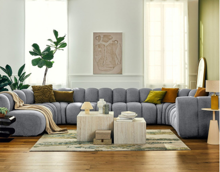 Canapé modulable panoramique d'angle gauche 7 places en tissu texturé Debbie