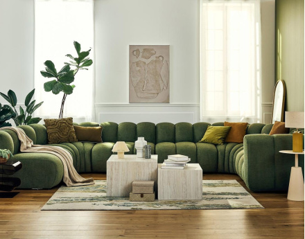 Canapé modulable panoramique d'angle gauche 7 places en tissu texturé Debbie