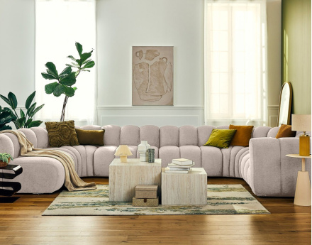 Canapé modulable panoramique d'angle gauche 7 places en tissu texturé Debbie