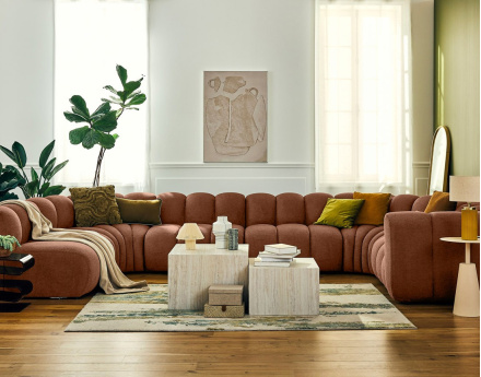 Canapé modulable panoramique d'angle gauche 7 places en tissu texturé Debbie