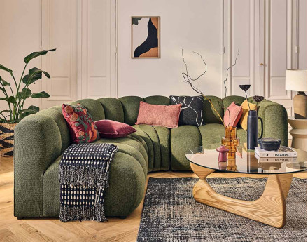 Canapé modulable d'angle gauche 4 places avec accoudoir en tissu texturé Debbie