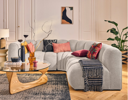 Canapé modulable d'angle droit 4 places avec accoudoir en tissu texturé Debbie