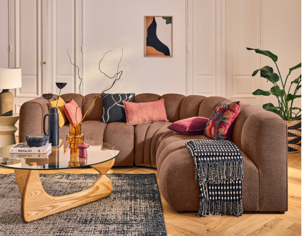 Canapé modulable d'angle droit 4 places avec accoudoir en tissu texturé Debbie