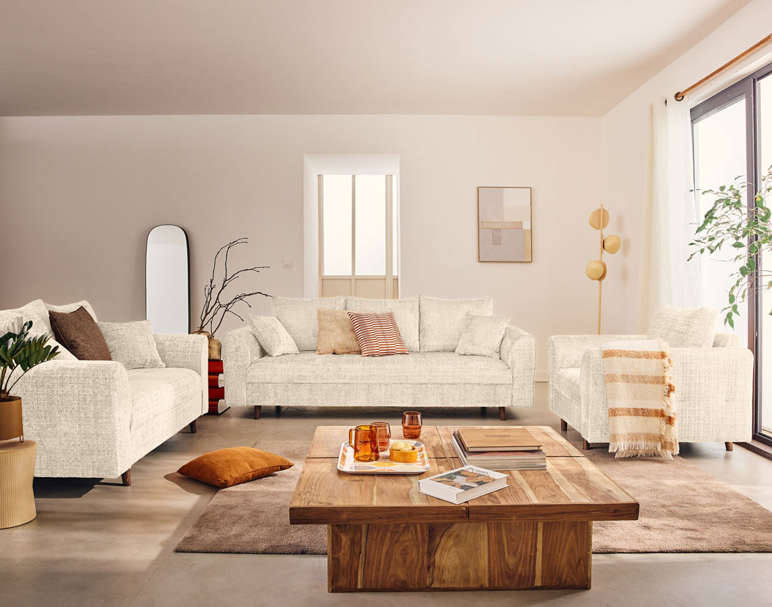 Canapé droit 3 places en velours texturé Rune