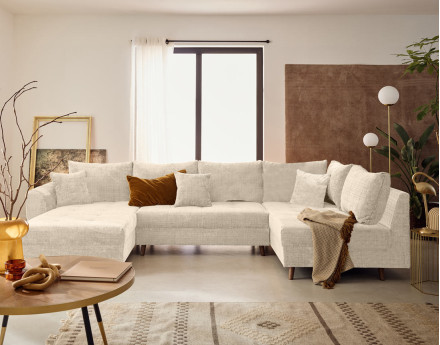 Canapé panoramique d'angle droit 7 places en velours texturé Rune