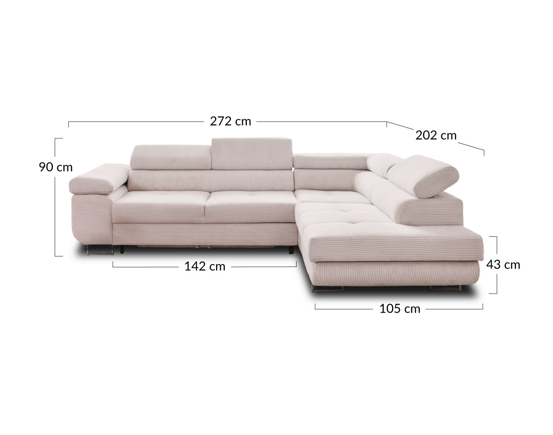 Canapé d'angle droit convertible avec coffre et têtières 5 places en velours côtelé Zaria