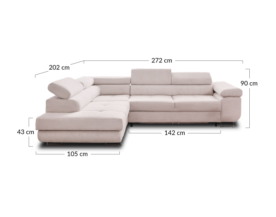 Canapé d'angle gauche convertible avec coffre et têtières 5 places en velours côtelé Zaria