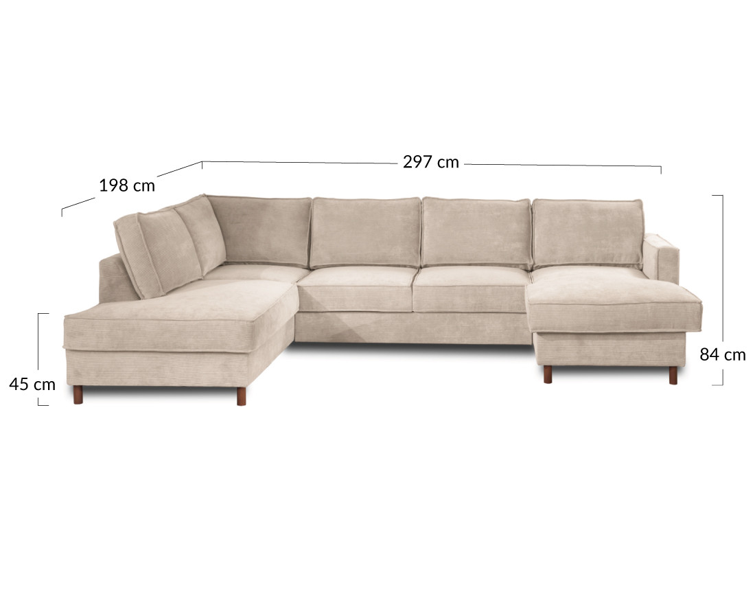 Canapé panoramique d'angle gauche convertible avec coffre 7 places en velours côtelé Jake