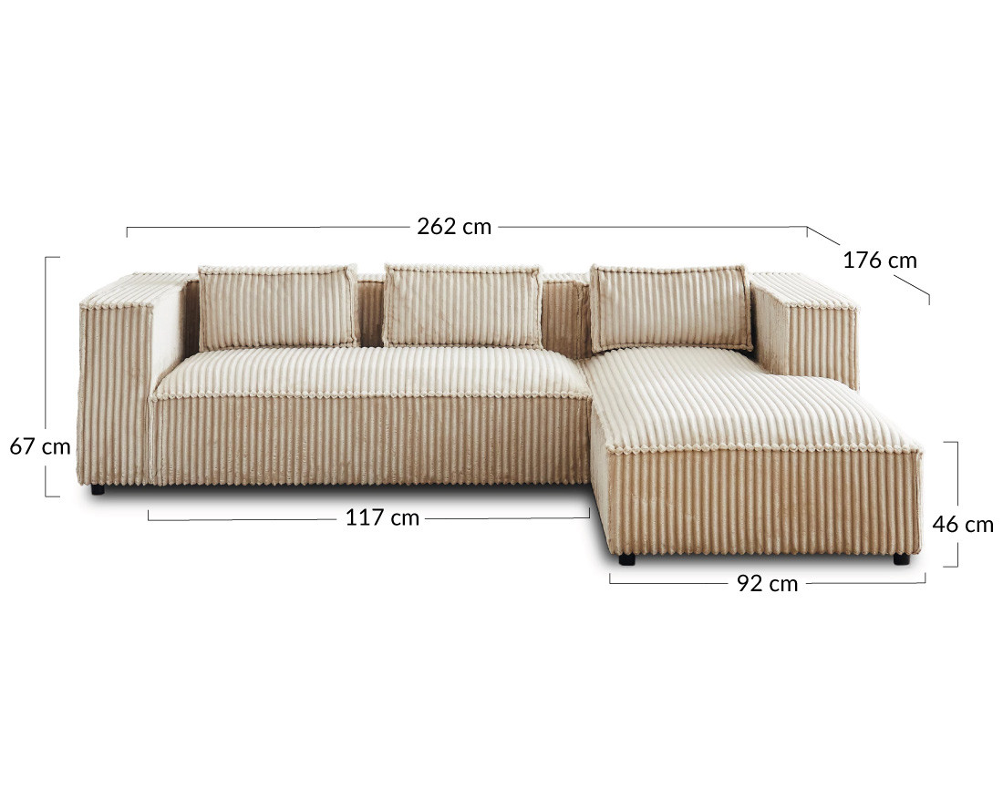 Canapé d'angle droit 4 places en velours côtelé grosses côtes Stella